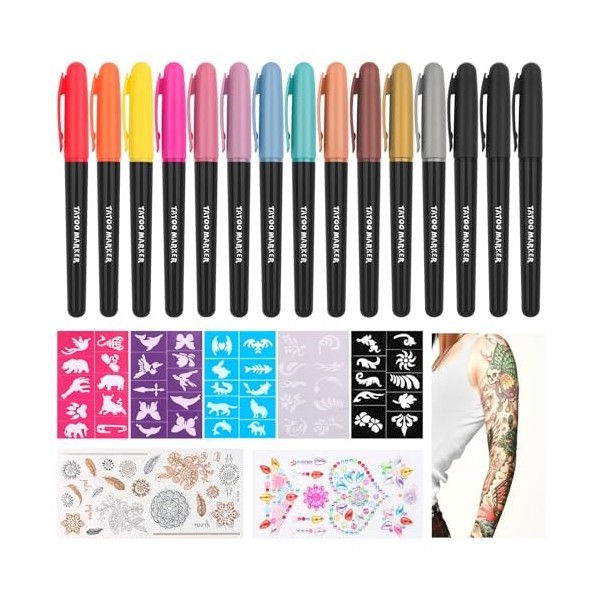 Stylo Tatouage Temporaire Lot de 15, Feutre Tatouage Kit Tatouage de Cadeau avec 50 tatouages, 2 Pochoirs Autocollants Doux p