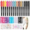 Stylo Tatouage Temporaire Lot de 15, Feutre Tatouage Kit Tatouage de Cadeau avec 50 tatouages, 2 Pochoirs Autocollants Doux p