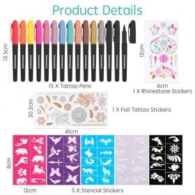 Stylo Tatouage Temporaire Lot de 15, Feutre Tatouage Kit Tatouage de Cadeau avec 50 tatouages, 2 Pochoirs Autocollants Doux p