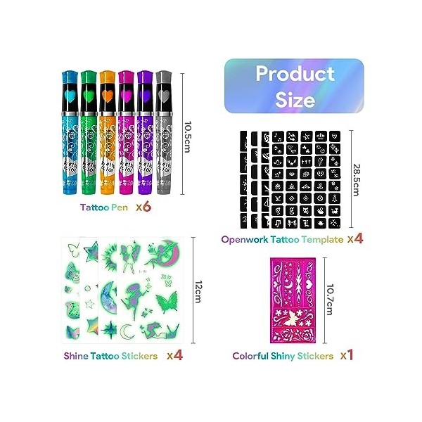 Clundoo 6PCS Stylos Tatouage Enfant, Stylos Gel à Paillettes Tatouage Kit, Set Tatouage Pailleté avec 5 Pochoir Tatouage et 4