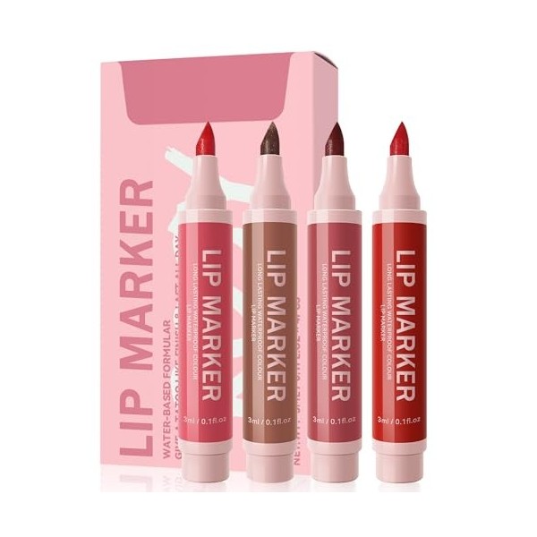 Colour Lip Marker-4Pcs Encre à Lèvres Liquide Mate, Waterproof No Transfert Rouge à lèvres,Tenue Longue Durée,Haut pigmenté,F