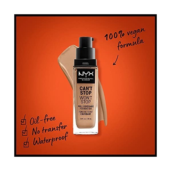 NYX Professional Makeup Fond de Teint Liquide Couvrant Tenue 24h Cant Stop Wont Stop, Waterproof, Fini Mat, Teinte : Neutra