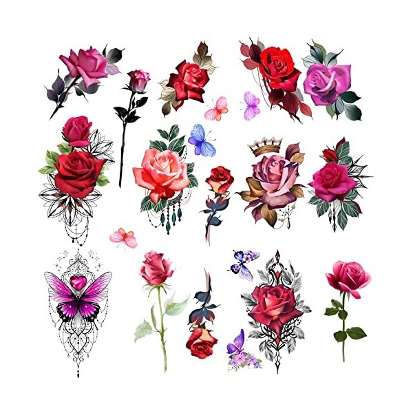 Tatouage temporaire Fleurs roses, grand tatouage temporaire rose adapté aux femmes et aux filles, tatouage sexy papillon