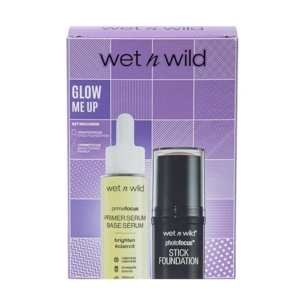 Wet n Wild Glow Me Up Set, Ensemble de Maquillage avec Primer Facial Illuminant et Fond de Teint en Bâton Photo Focus en Nuan