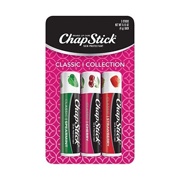 ChapStick Classic Variety 1 Carded Pack of 3 Sticks Cherry, Spearmint, and Strawberry Flavors, Skin Protectant Flavored Lip