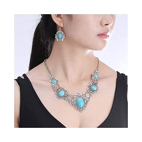 Turquoise Collier Boucles doreilles Ensemble Bohème Pendentif Costume Chaîne Western Bijoux pour Femmes Bleu C 