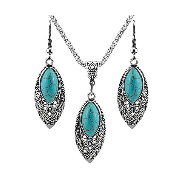 Turquoise Collier Boucles doreilles Ensemble Bohème Pendentif Costume Chaîne Western Bijoux pour Femmes Bleu C 