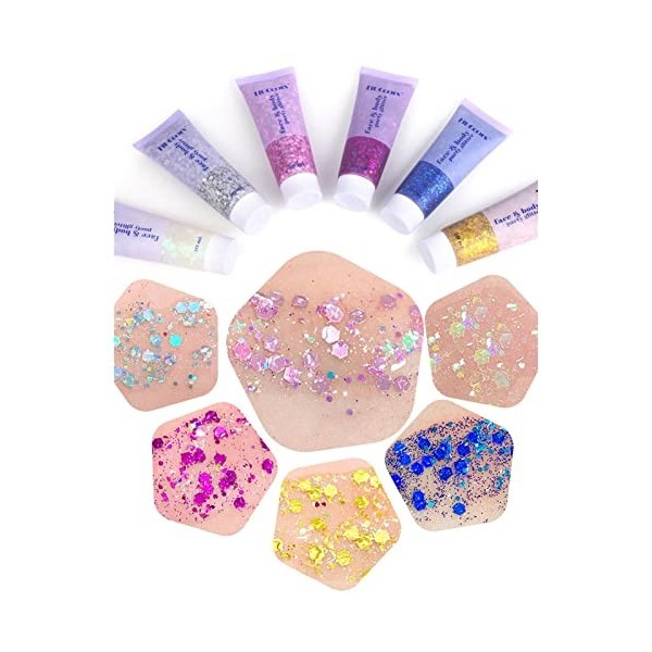 Lot de 6 gels holographiques pour Le Visage et Le corpsGel,cosmétique à Paillettes holographiques pour Corps, Cheveux, DIY Ré