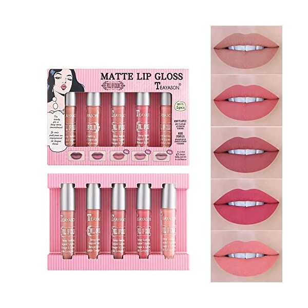5Pcs Matte Liquid Lipstick Makeup Set Lip Kit, Lip Gloss Long Lasting Lipstick, Waterproof Velvet Lip Gloss Set, Nude Lipstic