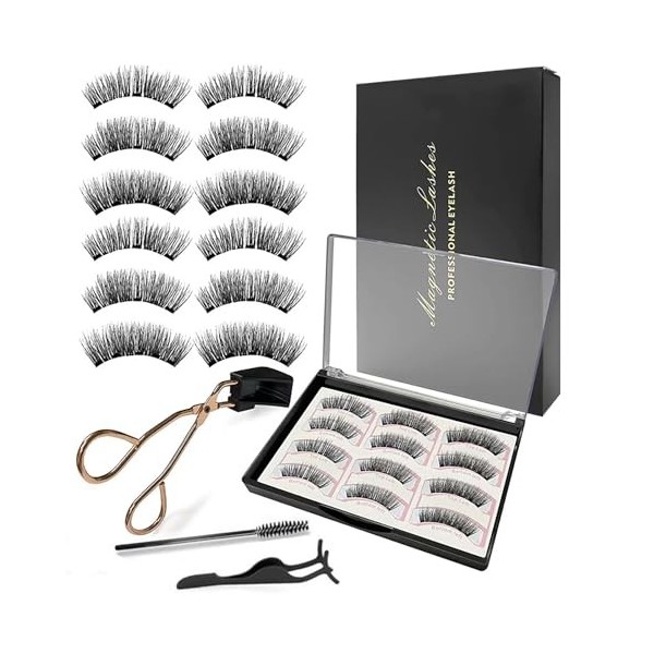 Pure Vie Faux Cils Magnetiqu Naturel Mascara Effet, 6Paires 3D Demi Faux Eye Lashes Kit Extension de Cils Professionnel Indiv