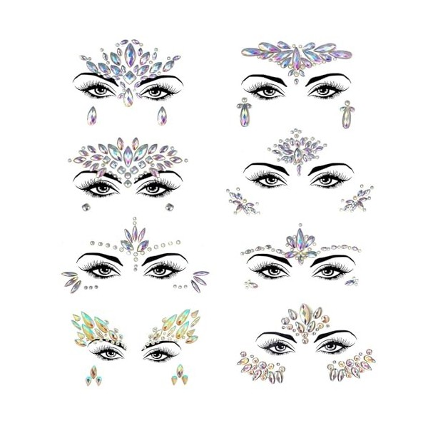 8 Pièces Gemmes du Visage Strass Autocollant, Strass Visage Festival, Gemmes de Visage Phosphorescentes, Strass Maquillage Vi