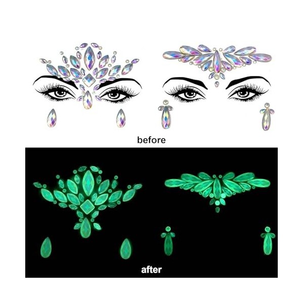 8 Pièces Gemmes du Visage Strass Autocollant, Strass Visage Festival, Gemmes de Visage Phosphorescentes, Strass Maquillage Vi