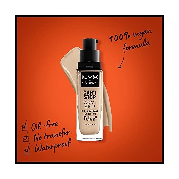 NYX Professional Makeup Fond de Teint Liquide Couvrant Tenue 24h Cant Stop Wont Stop, Waterproof, Fini Mat, Teinte : Nude