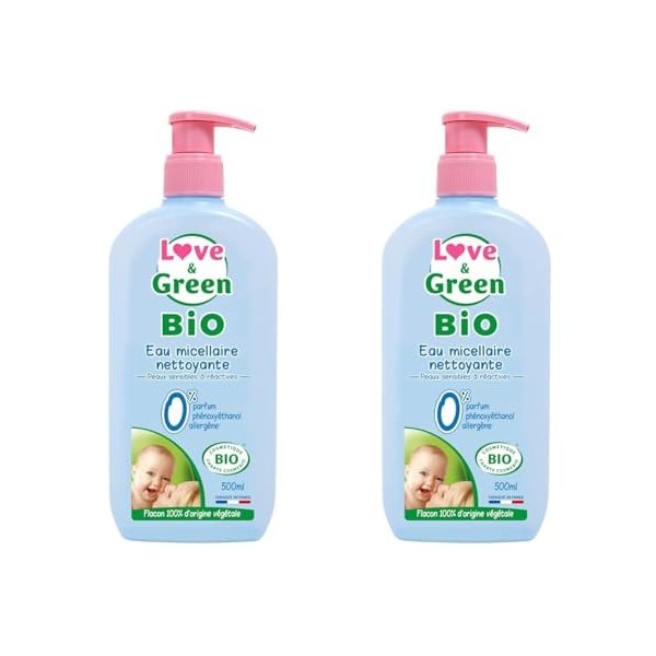 Love & Green - Eau Micellaire Nettoyante Bio 0% 500 ml - Fabriqué en France - Le packaging peut varier Lot de 2 