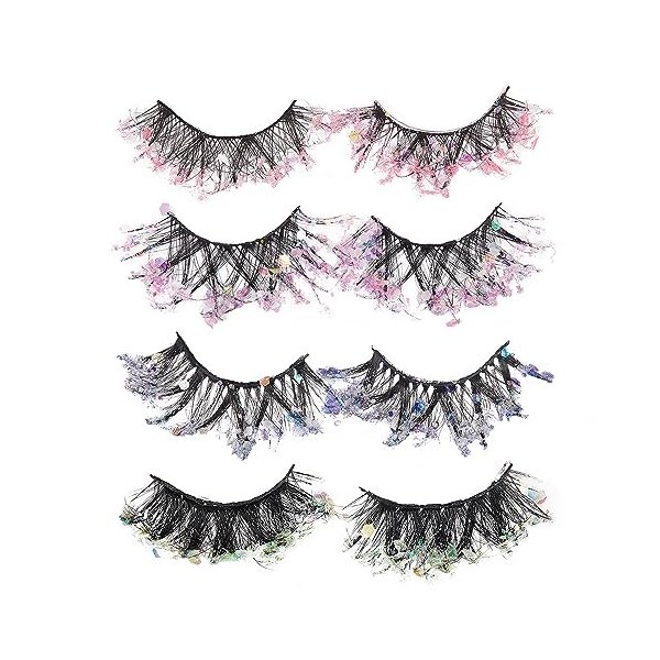 NICENEEDED 4 paires de Faux Cils Colorés à Paillettes, Faux Mink Eyelahses Strip Lashes, Cils à Paillettes Dramatiques Oeil d