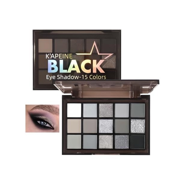 Smokey Palette de maquillage pour les yeux Noir fumé mat et pailleté 15 couleurs Noir foncé argenté blanc gris ombre métalliq