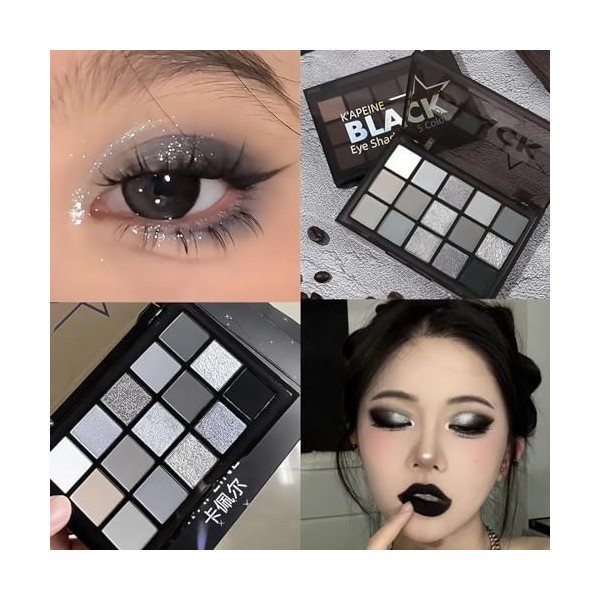 Smokey Palette de maquillage pour les yeux Noir fumé mat et pailleté 15 couleurs Noir foncé argenté blanc gris ombre métalliq