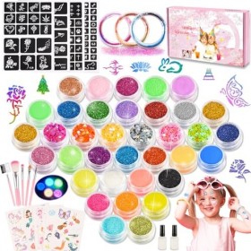 Kit Tatouage Paillettes Enfant- 36 Couleurs avec 124 Pochoirs 3 Bracelets Kit Maquillage Enfant Fille 3-10 Ans Tatouage Paill