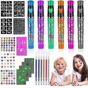 Kit Tatouage Paillettes Enfant,6pcs Stylo Paillette Enfants Et Recharges Glitter 5 Tattoo Crayon Temporaire Les Pochoirs 4 Lu