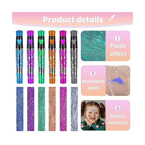 Kit Tatouage Paillettes Enfant,6pcs Stylo Paillette Enfants Et Recharges Glitter 5 Tattoo Crayon Temporaire Les Pochoirs 4 Lu