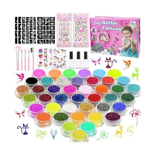 ZZQVIP Kit de Tatouage à Paillettes pour Filles, DIY Temporaire Tatouages Pailletés, 42 Pochoirs, 5 Pinceaux, 3 Colle Antigel