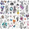 Geweir 6 Feuilles Aquarelle Kit Tatouage Ephemere Femme Diamant Lavande Papillon Fleur Rose Renard 3D Faux Tatouage Enfant Fi