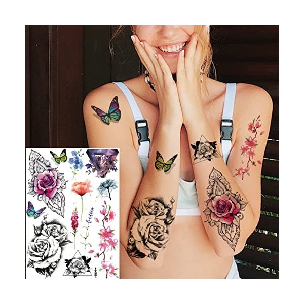 Geweir 6 Feuilles Aquarelle Kit Tatouage Ephemere Femme Diamant Lavande Papillon Fleur Rose Renard 3D Faux Tatouage Enfant Fi