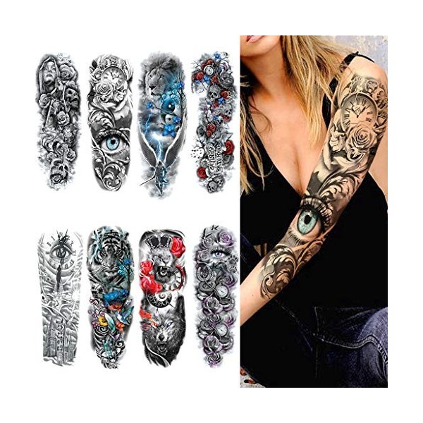 Feelairy Tatouages Temporaires pour Homme Femme Filles, 8 Pcs Grand Manchette Tatouages Tattoo Étanche Bras Complet Autocolla