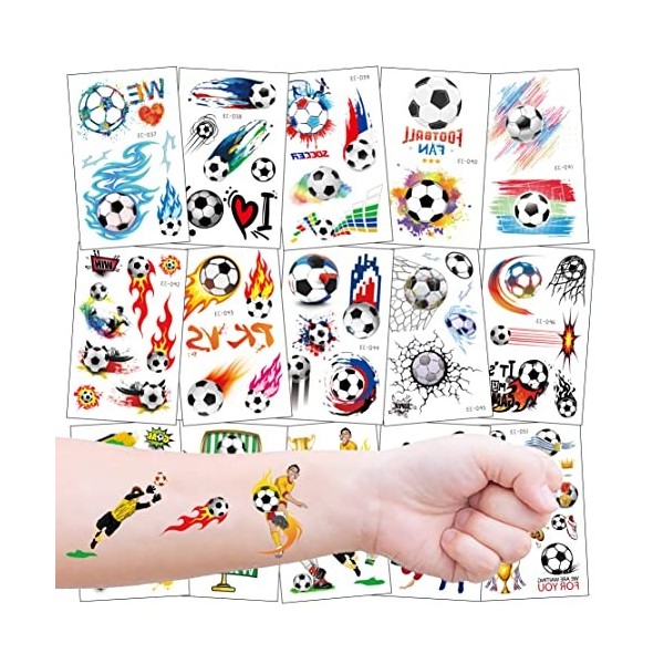 Tatouage Enfant Garçon Fille, 15 Feuilles Football Temporaires Tattoo Kit