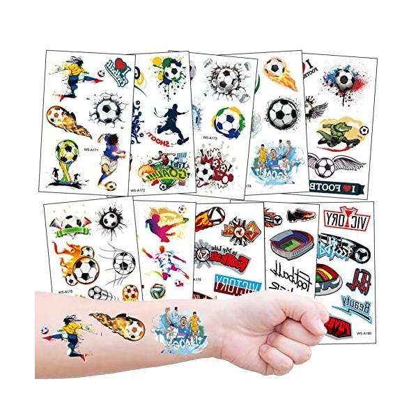 Tatouage Enfant Garçon Fille, 15 Feuilles Football Temporaires Tattoo Kit