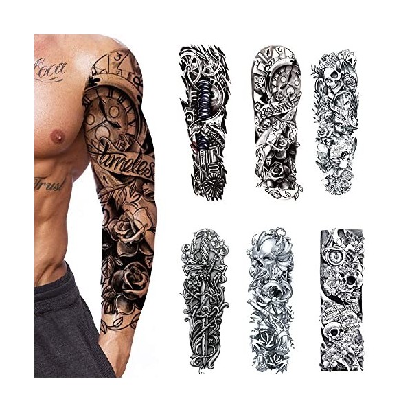 6 feuilles Tatouage temporaire pour homme femmes，Plein Bras Tatouages Éphémères Manchette tatouage，Autocollants tatouages ​​f