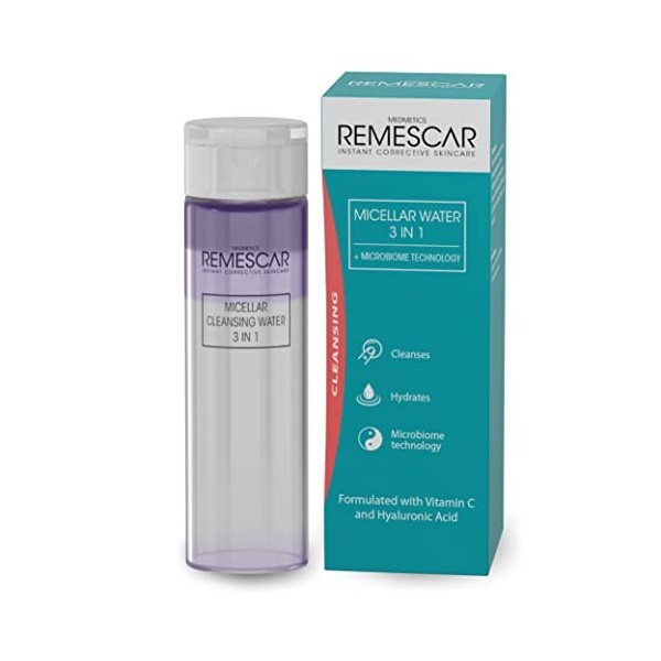 Remescar Eau Micellaire 200ml - 3 en 1 - Démaquille en Douceur - Formulée avec de la Vitamine C et de lAcide Hyaluronique - 