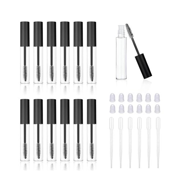 CHENYU 12Pcs Tube de Mascara Vide 10ml Contenant Mascara Vide Avec La Baguette de Cil RéUtilisable Avec 12 Inserts Caoutchouc