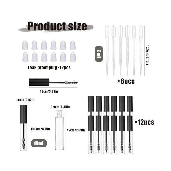 CHENYU 12Pcs Tube de Mascara Vide 10ml Contenant Mascara Vide Avec La Baguette de Cil RéUtilisable Avec 12 Inserts Caoutchouc