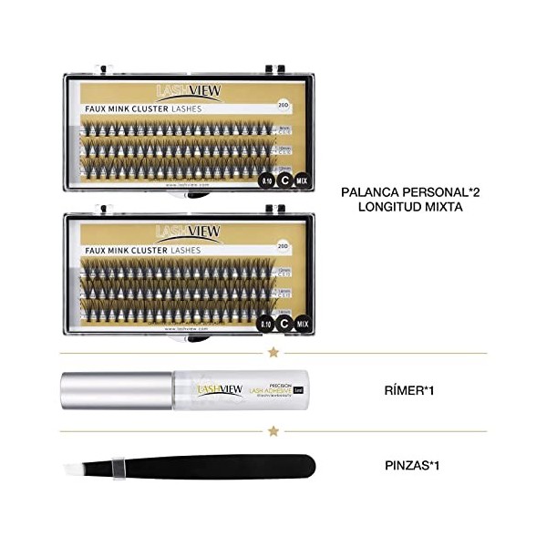 LASHVIEW Kit dextension de cils, individuels naturels, en grappe de mink,cils inférieurs, avec colle et pincette