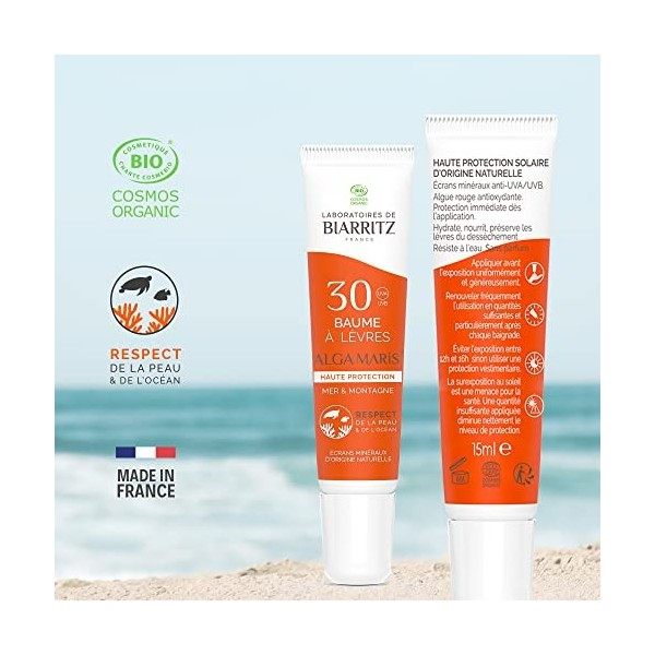 Laboratoires de Biarritz - Baume à Lèvres Mer et Montagne - SPF30 - ALGA MARIS® Certifié Bio - Protège et Hydrate - Haute Ten