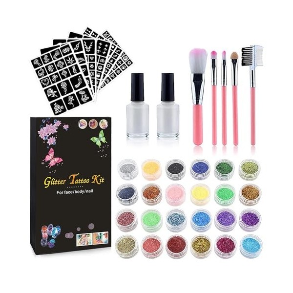 Pure Vie Kit Tatouage Paillette Enfant, Tatouage Temporaire 24 Couleurs de Paillettes 5 Pinceau 2 Colles et Pochoirs pour Cor