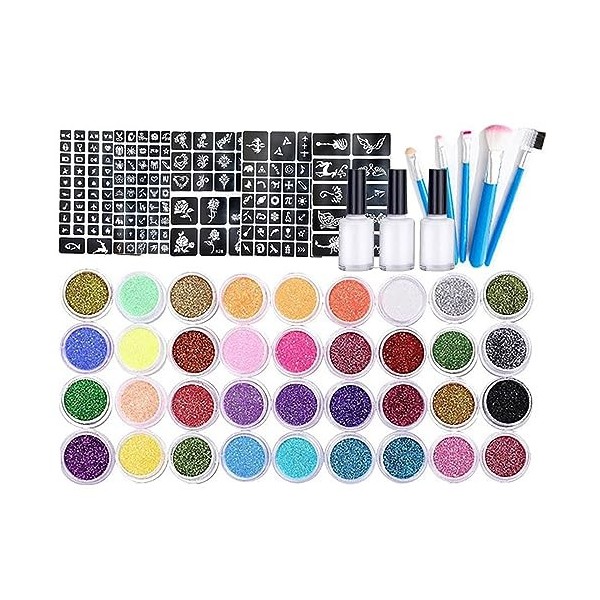 Pure Vie Kit Tatouage Paillette Enfant, Tatouage Temporaire 24 Couleurs de Paillettes 5 Pinceau 2 Colles et Pochoirs pour Cor