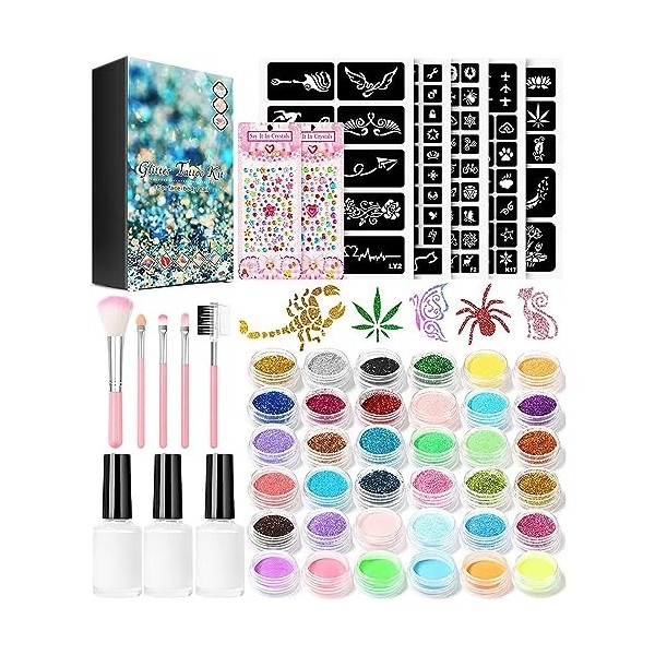 Pure Vie Kit Tatouage Paillette Enfant, Tatouage Temporaire 24 Couleurs de Paillettes 5 Pinceau 2 Colles et Pochoirs pour Cor