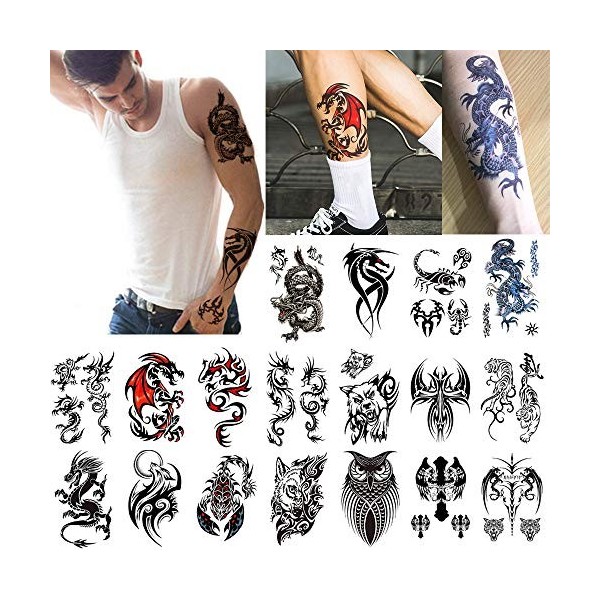 glaryyears Lot de 18 feuilles de tatouages temporaires dragon noir pour homme et adolescent, animaux scorpions, loup, chouett