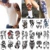 glaryyears Lot de 18 feuilles de tatouages temporaires dragon noir pour homme et adolescent, animaux scorpions, loup, chouett