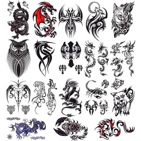 glaryyears Lot de 18 feuilles de tatouages temporaires dragon noir pour homme et adolescent, animaux scorpions, loup, chouett