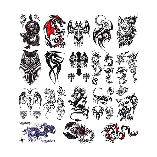 glaryyears Lot de 18 feuilles de tatouages temporaires dragon noir pour homme et adolescent, animaux scorpions, loup, chouett