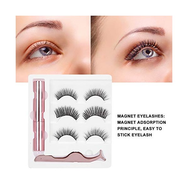 3 paires de faux cils avec pince à épiler et eye-liner liquide, ensemble de pinces à épiler liquide magnétique pour faux cils