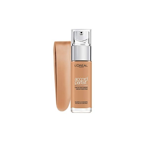 LOréal Paris - Fond de Teint Fluide Accord Parfait - Peaux Sèches à Normales - Teinte :Ambre Dorée 7.D - 30 ml