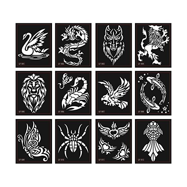 Lot de 12 pochoirs pour tatouages danimaux - Pour tatouages pailletés et aérographe, tatouage araignée, scorpion, lion, papi