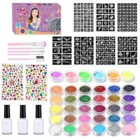 KEWUZY Kit Tatouage Paillettes Enfant,48 Couleurs,240 Pochoirs,236 Strass,5 Pinceaux,Tatouage Ephemere Imperméable,Temporaire