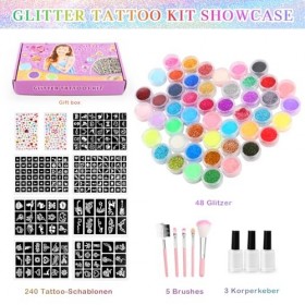 KEWUZY Kit Tatouage Paillettes Enfant,48 Couleurs,240 Pochoirs,236 Strass,5 Pinceaux,Tatouage Ephemere Imperméable,Temporaire