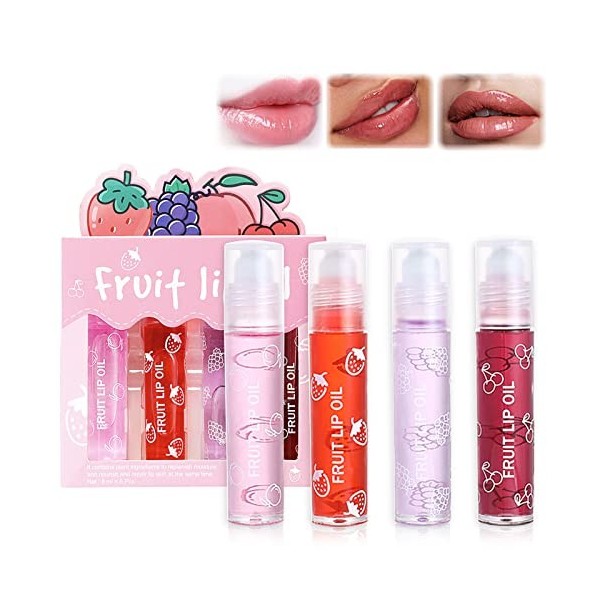 Roll On Lip Gloss, 4 Pièces Brillants à Lèvres Aromatisés aux Fruits, Huile À Lèvres Transparente Incolore, Soin Des Lèvres E