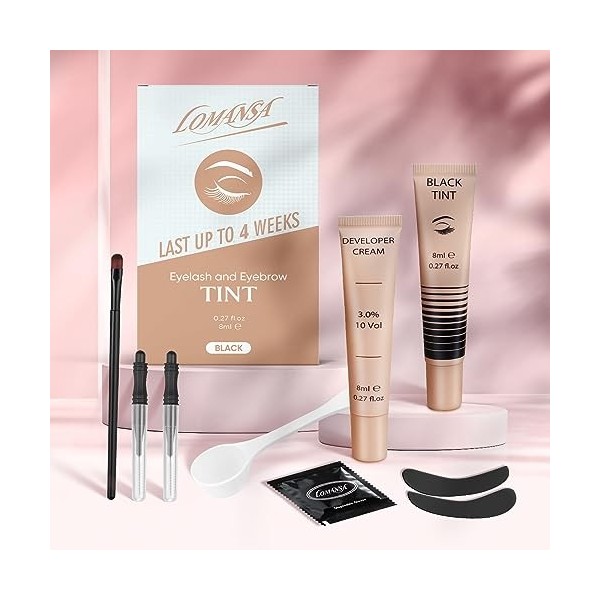 Lomansa Teinture Cils et Sourcils, Teinture Cils Noir, Coloration Sourcils, Kit de Teinture pour Sébutants Avec Tampons pour 